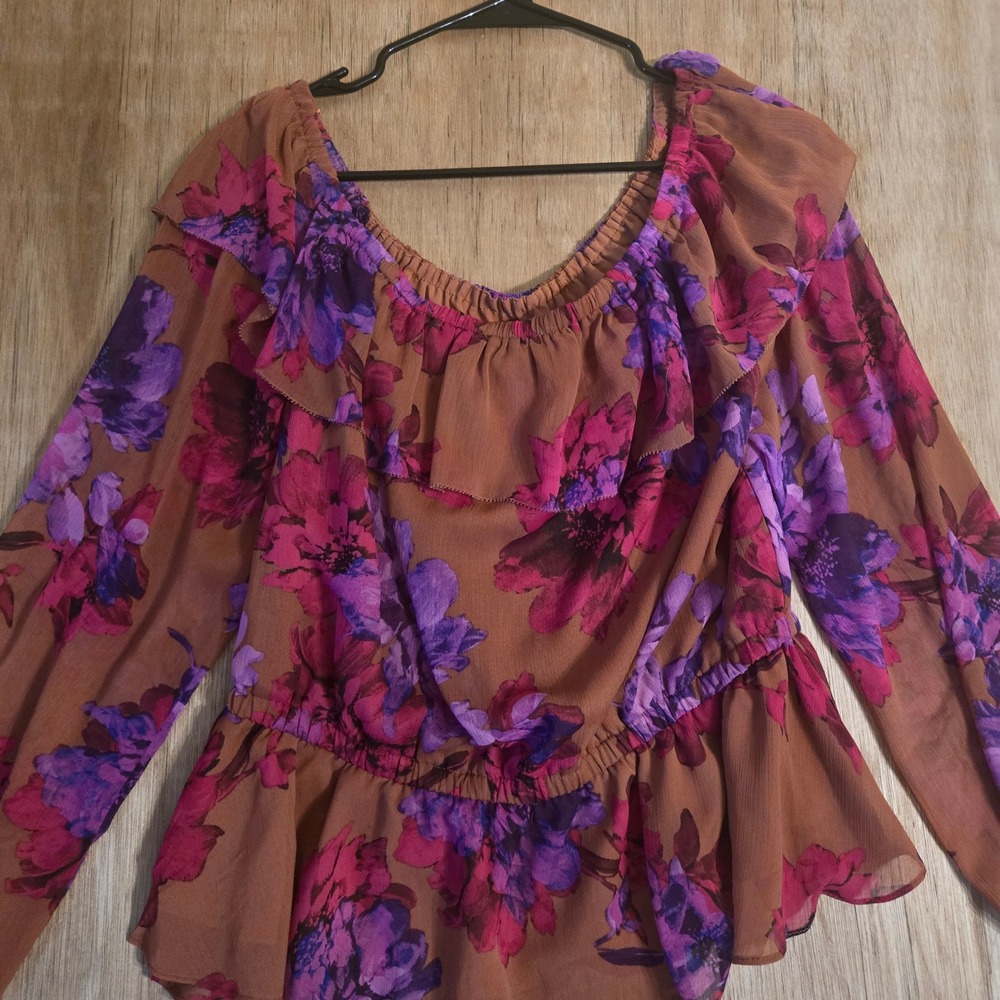 Ruffle Off Shoulder Floral Blouse Brown Pink L Boho Festival Sofia Vergara Top